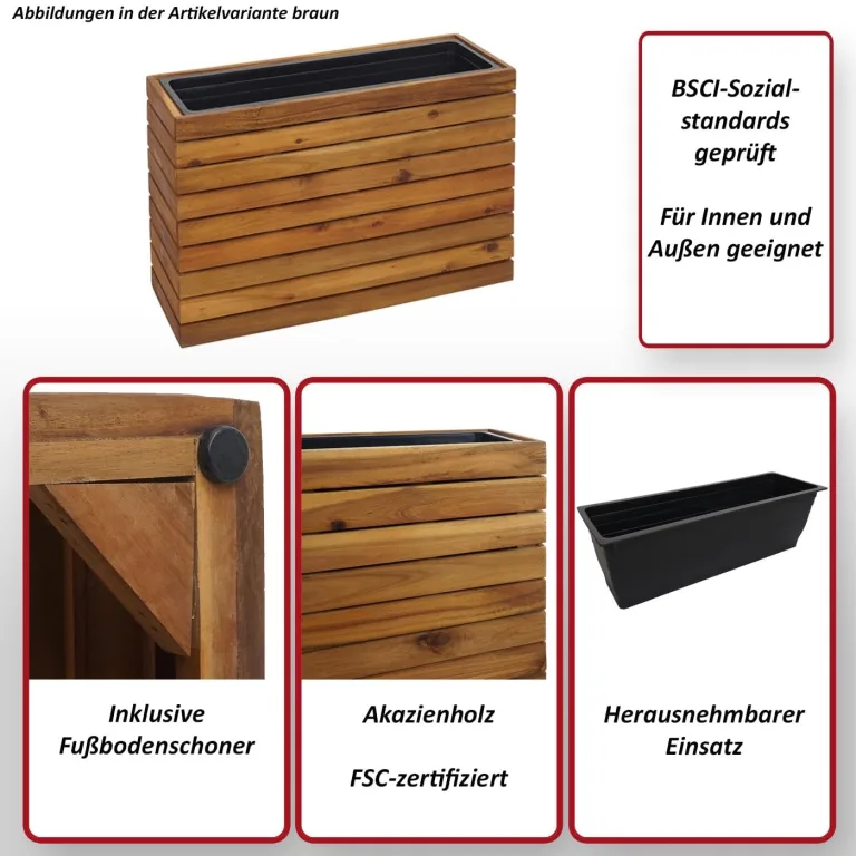 Mendler Pflanzkasten HWC-L21, Pflanzkübel Blumentopf Hochbeet, eckig 41x63x23cm Outdoor Akazie Holz FSC®-Zertifiziert - Hellbraun – Bild 2