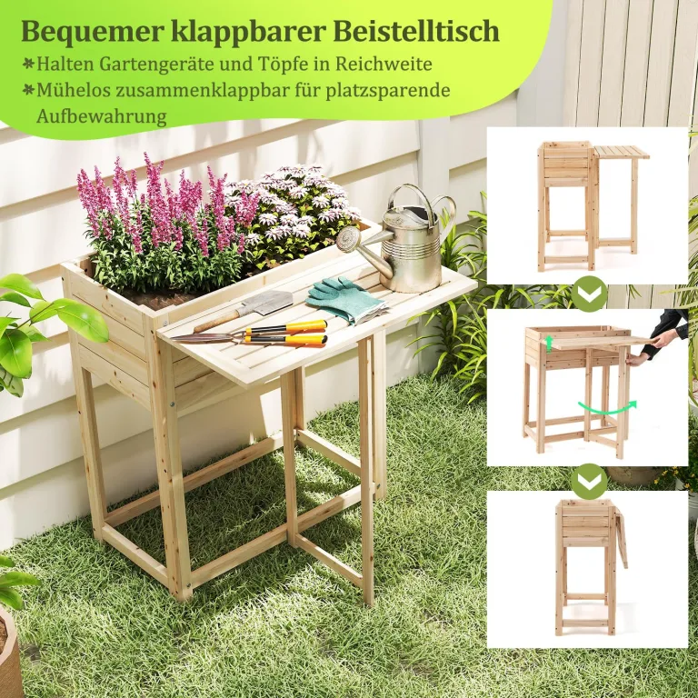 GOPLUS Hochbeet Holz, Gartenbett mit klappbarer Ablage, Blumenkasten mit Abflusslöchern, Pflanzenbehalter für Blumen, Gemüse & Kräuter, Pflanzkasten für Garten, Hof & Balkon, 63 x 67 x 74 cm, Natur – Bild 4