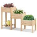 GOPLUS Hochbeet Holz, Gartenbett mit klappbarer Ablage, Blumenkasten mit Abflusslöchern, Pflanzenbehalter für Blumen, Gemüse & Kräuter, Pflanzkasten für Garten, Hof & Balkon, 63 x 67 x 74 cm, Natur - Thumbnail 9
