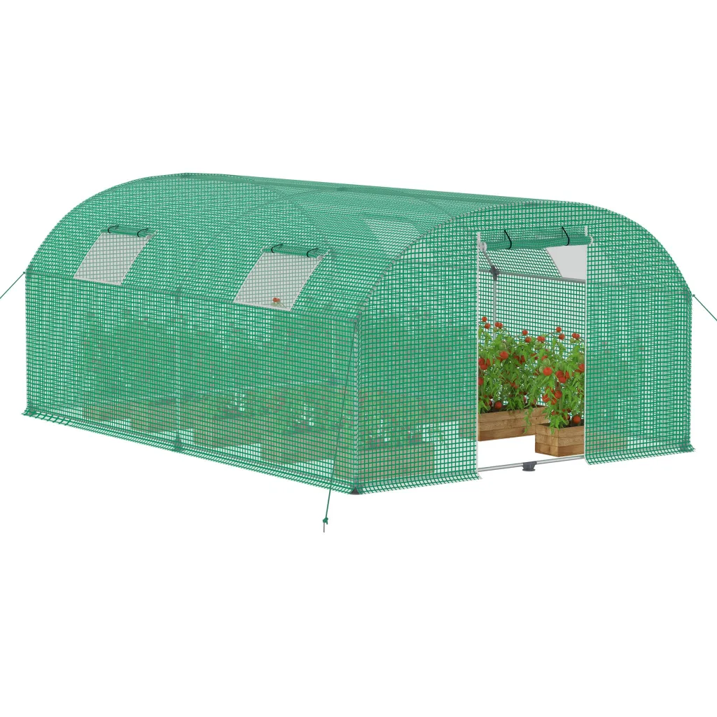 Gewächshaus 3x4 m begehbar, Foliengewächshaus mit 4 Fenstern & Tür, stabiles Stahlgestell, HDPE/LDPE Abdeckung, Tomatengewächshaus für Garten & Gemüseanbau