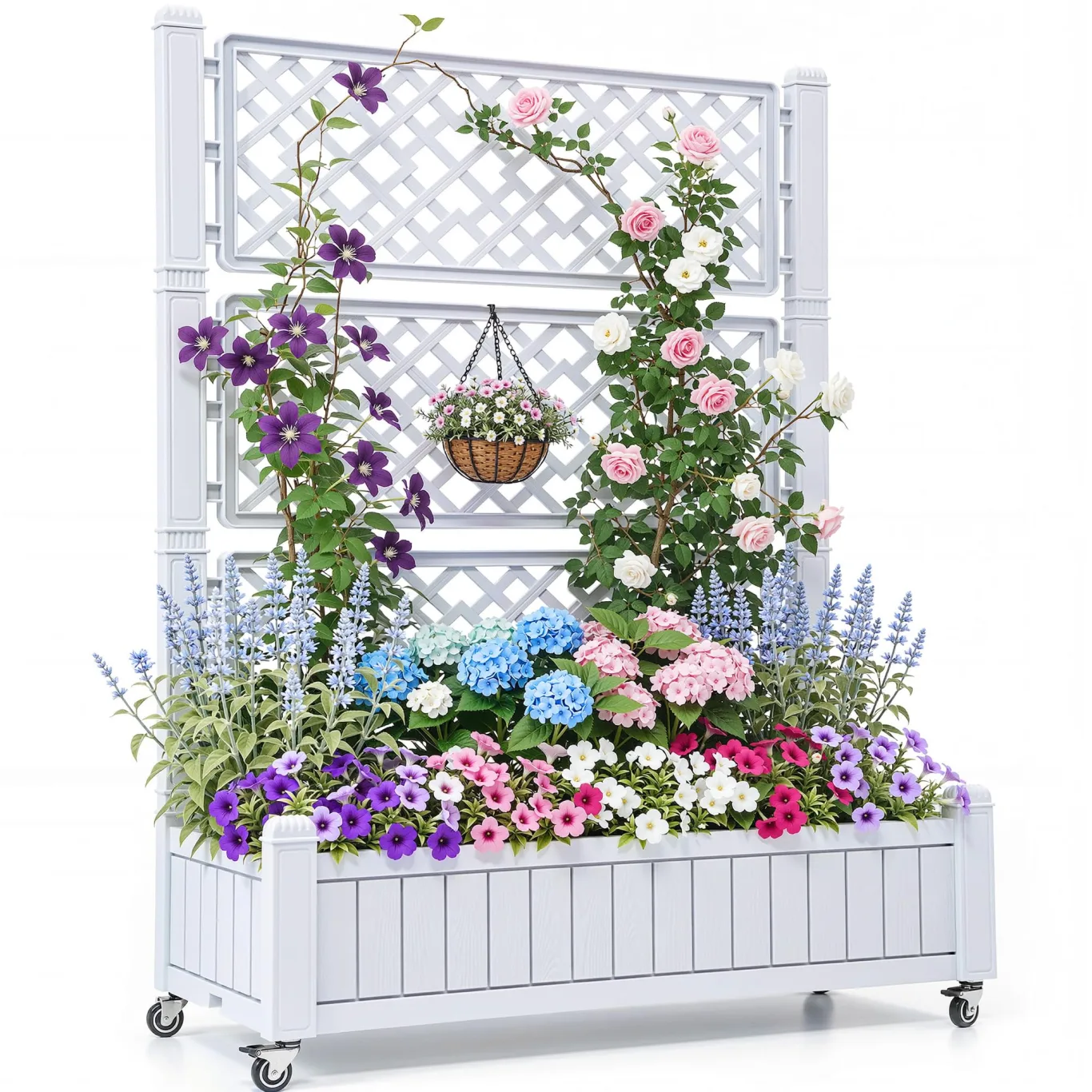 YITAHOME Hochbeete mit Rankgitter, Garten-Rankgitter mit Rädern, 108,5 x 44 x 155 cm, Drainagelöcher und Stopfen für Kletterpflanzen, erhöhter Übertopf hält 6,8 kg für Gemüse, Blumen, Obst (weiß) - Bild 1
