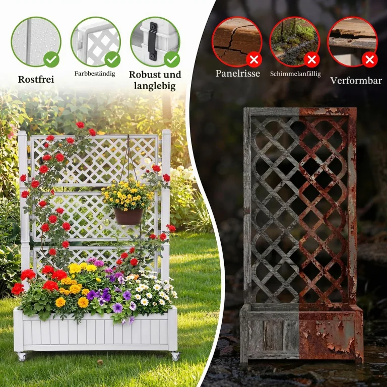 YITAHOME Hochbeete mit Rankgitter, Garten-Rankgitter mit Rädern, 108,5 x 44 x 155 cm, Drainagelöcher und Stopfen für Kletterpflanzen, erhöhter Übertopf hält 6,8 kg für Gemüse, Blumen, Obst (weiß) – Bild 3