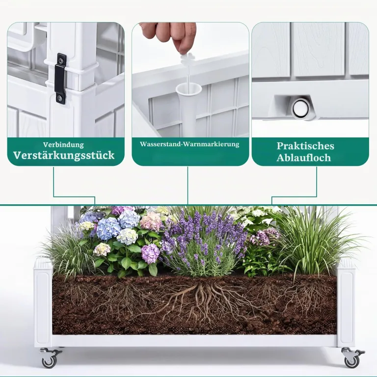 YITAHOME Hochbeete mit Rankgitter, Garten-Rankgitter mit Rädern, 108,5 x 44 x 155 cm, Drainagelöcher und Stopfen für Kletterpflanzen, erhöhter Übertopf hält 6,8 kg für Gemüse, Blumen, Obst (weiß) – Bild 6