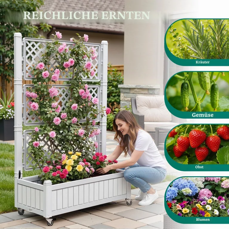 YITAHOME Hochbeete mit Rankgitter, Garten-Rankgitter mit Rädern, 108,5 x 44 x 155 cm, Drainagelöcher und Stopfen für Kletterpflanzen, erhöhter Übertopf hält 6,8 kg für Gemüse, Blumen, Obst (weiß) – Bild 7