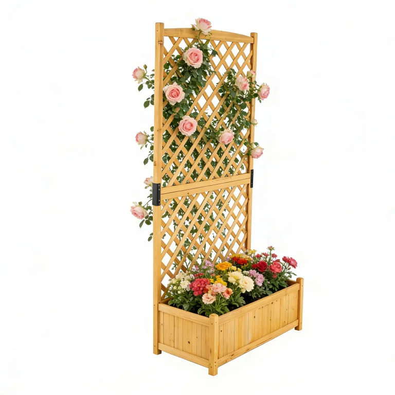 HOMASIS Pflanzkübel mit Rankgitter, Blumenkasten mit Spalier, Pflanzkasten Pflanzgefäß aus Massivholz, Hochbeet Rankkasten Gartenspalier Rankhilfe für Balkon, Garten, Terrasse, 90x44,5x180,5cm (Braun) – Bild 2