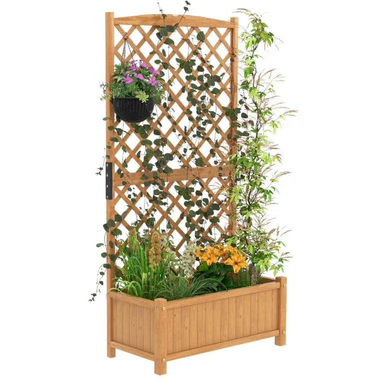 HOMASIS Pflanzkübel mit Rankgitter, Blumenkasten mit Spalier, Pflanzkasten Pflanzgefäß aus Massivholz, Hochbeet Rankkasten Gartenspalier Rankhilfe für Balkon, Garten, Terrasse, 90x44,5x180,5cm (Braun) – Bild 3