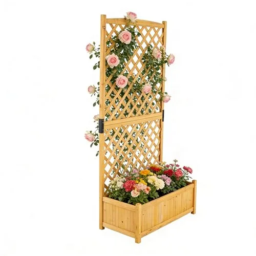 HOMASIS Pflanzkübel mit Rankgitter, Blumenkasten mit Spalier, Pflanzkasten Pflanzgefäß aus Massivholz, Hochbeet Rankkasten Gartenspalier Rankhilfe für Balkon, Garten, Terrasse, 90x44,5x180,5cm (Braun) – Bild 5