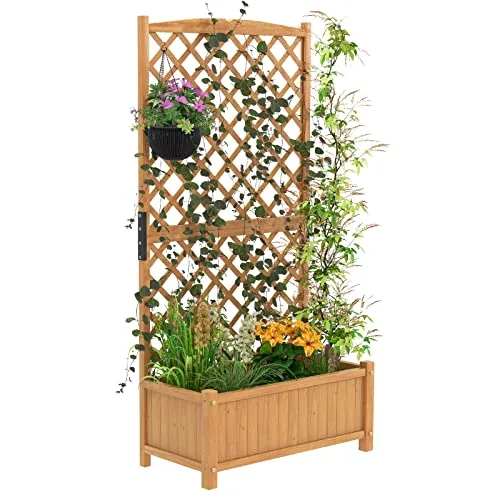 HOMASIS Pflanzkübel mit Rankgitter, Blumenkasten mit Spalier, Pflanzkasten Pflanzgefäß aus Massivholz, Hochbeet Rankkasten Gartenspalier Rankhilfe für Balkon, Garten, Terrasse, 90x44,5x180,5cm (Braun) – Bild 6