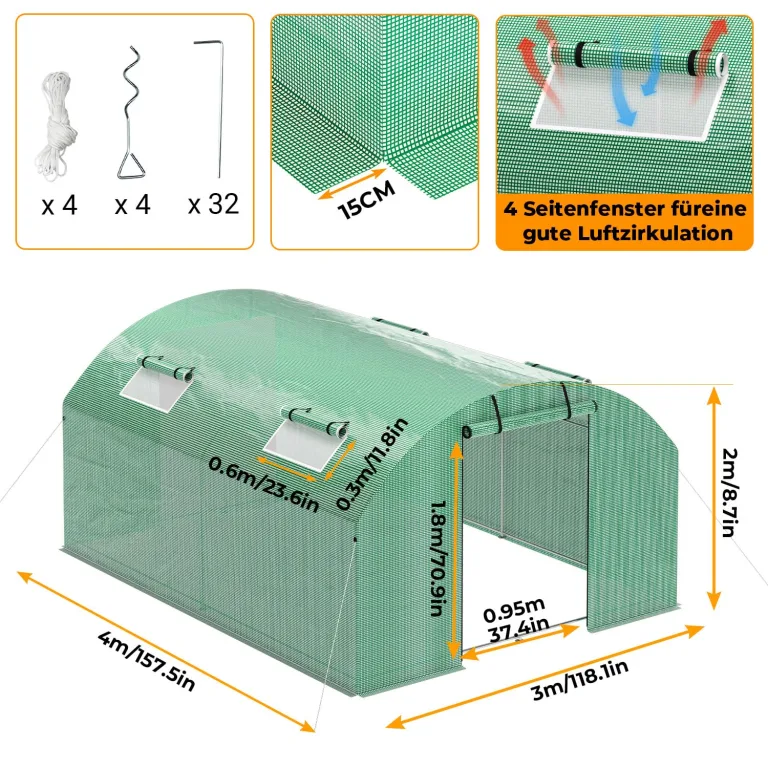 Gewächshaus Foliengewächshaus mit Verzinktrohrfundament 3 × 4 m - 12 m² inkl. Erdanker & 4 Aufrollbare Fenster mit Moskitonetz & 140 g/m² UV-beständig Tomatengewächshaus Greenhouse – Bild 2