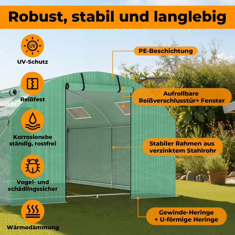 Gewächshaus Foliengewächshaus mit Verzinktrohrfundament 3 × 4 m - 12 m² inkl. Erdanker & 4 Aufrollbare Fenster mit Moskitonetz & 140 g/m² UV-beständig Tomatengewächshaus Greenhouse – Bild 3