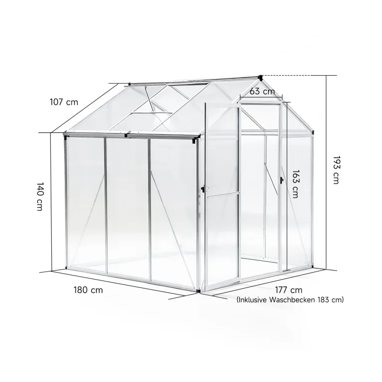 Gewächshaus mit Fundament – Aluminium Treibhaus mit PC-Platten, Anlehngewächshaus für Garten & Balkon, Gewächshaus Restposten, Gartengewächshäuser für Tomatenhaus & Pflanzen (177x181x193cm) – Bild 2