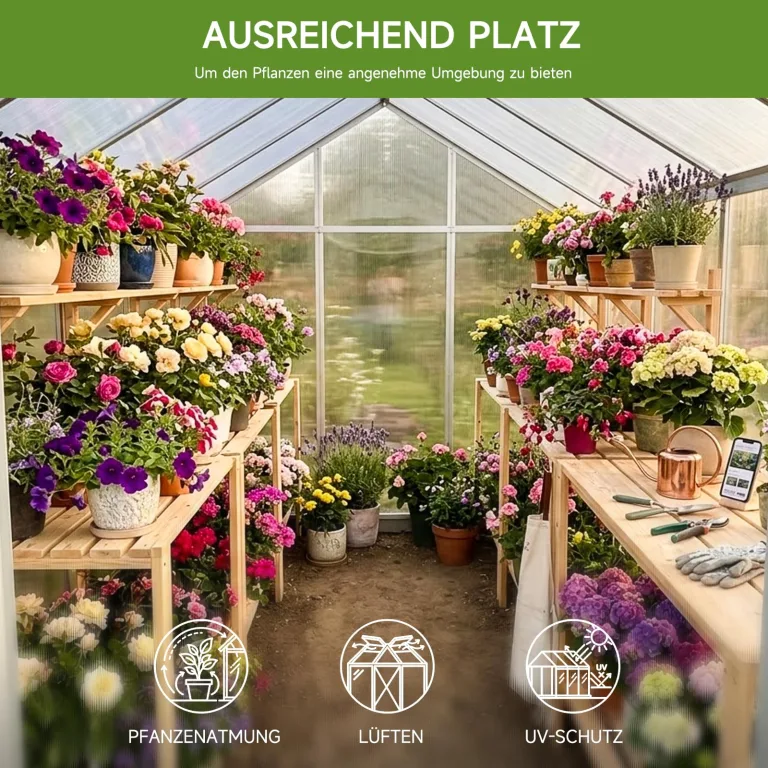 Gewächshaus mit Fundament – Aluminium Treibhaus mit PC-Platten, Anlehngewächshaus für Garten & Balkon, Gewächshaus Restposten, Gartengewächshäuser für Tomatenhaus & Pflanzen (177x181x193cm) – Bild 8