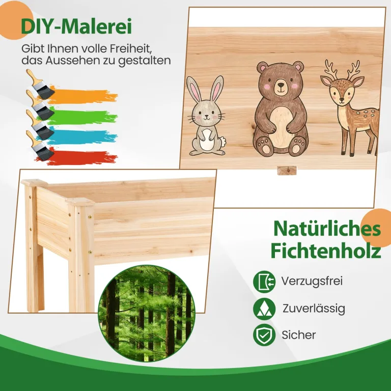 COSTWAY Hochbeet aus Holz, Pflanzbeet für Kinder, 119x45x51cm, Pflanztrog bis 100 kg, Blumenkübel mit Ablauflöchern & L-Beinen, Kräuterbeet rechteckig, Anzuchtbeet Garten Terrasse Balkon, Natur – Bild 6