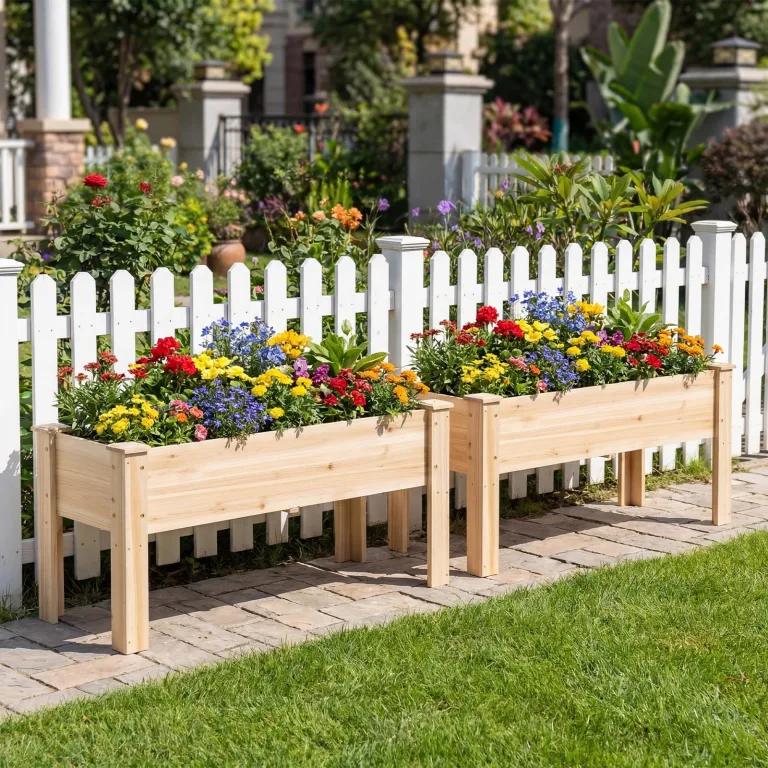 COSTWAY Hochbeet aus Holz, Pflanzbeet für Kinder, 119x45x51cm, Pflanztrog bis 100 kg, Blumenkübel mit Ablauflöchern & L-Beinen, Kräuterbeet rechteckig, Anzuchtbeet Garten Terrasse Balkon, Natur – Bild 9
