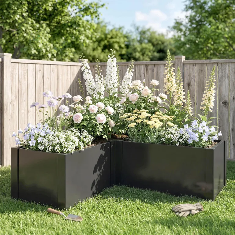 Outsunny Hochbeet L-förmig Blumenhochbeet witterungsbeständig, Pflanzbeet Frühbeet Gartenbeet Pflanzkübel Pflanzkasten aus Verzinkter Stahl, Blumenkasten für Terrasse & Garten, 150 x 150 x 55 cm – Bild 9