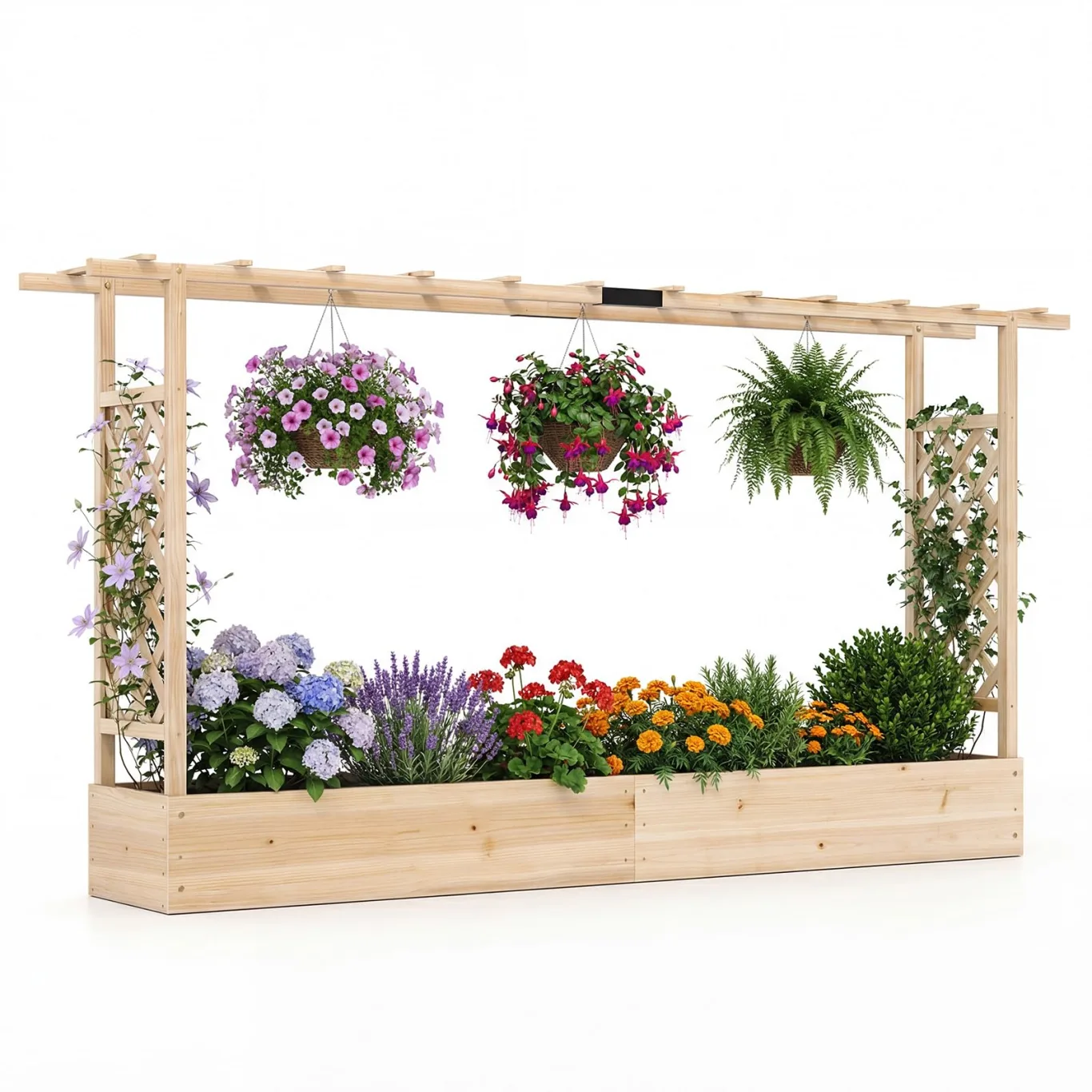 COSTWAY Blumenkasten mit Rankgitter, Pflanzkasten mit Rankhilfe & hängendem Dach, Hochbeet für Kletterpflanzen & hängende Körbe, Sichtschutz Pflanzkübel, für Garten Hof Terrasse, 220x35x114 cm,Natur - Bild 1