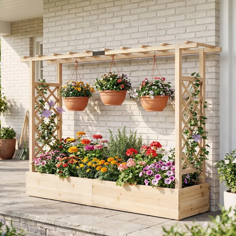 COSTWAY Blumenkasten mit Rankgitter, Pflanzkasten mit Rankhilfe & hängendem Dach, Hochbeet für Kletterpflanzen & hängende Körbe, Sichtschutz Pflanzkübel, für Garten Hof Terrasse, 220x35x114 cm,Natur – Bild 2