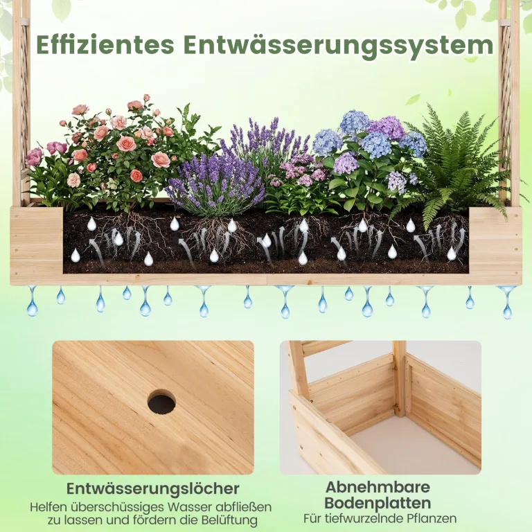 COSTWAY Blumenkasten mit Rankgitter, Pflanzkasten mit Rankhilfe & hängendem Dach, Hochbeet für Kletterpflanzen & hängende Körbe, Sichtschutz Pflanzkübel, für Garten Hof Terrasse, 220x35x114 cm,Natur – Bild 5