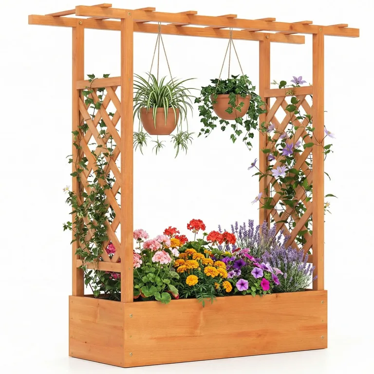 COSTWAY Blumenkasten mit Rankgitter, Pflanzkasten mit Rankhilfe & hängendem Dach, Hochbeet für Kletterpflanzen & hängende Körbe, Sichtschutz Pflanzkübel, für Garten Hof Terrasse, 220x35x114 cm,Natur – Bild 10