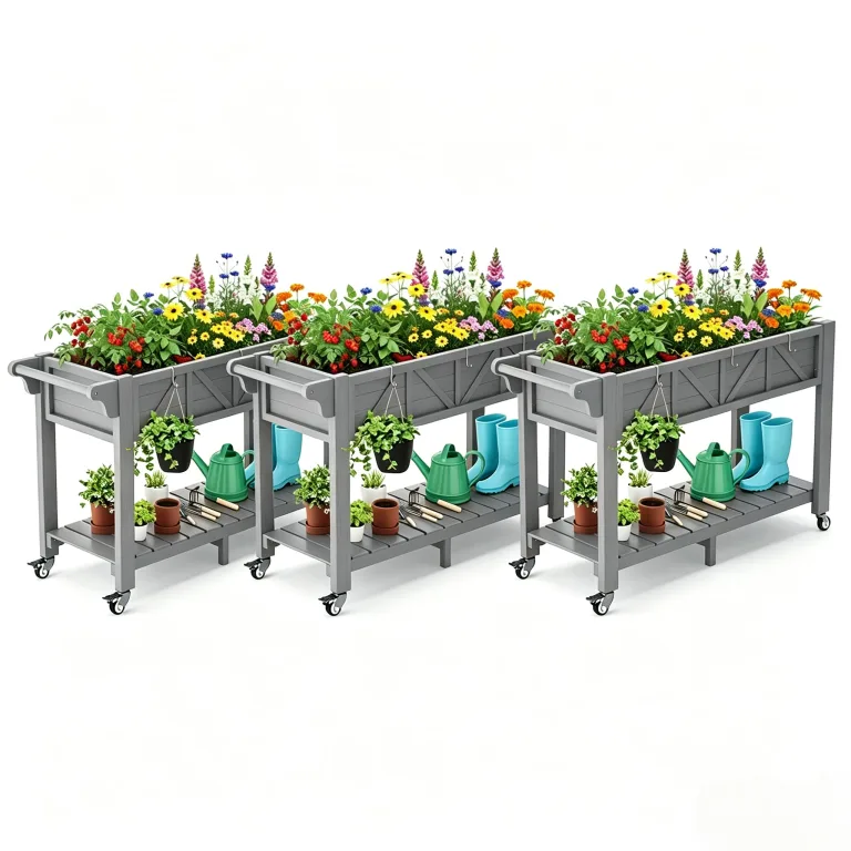 Hochbeet 120x44x70cm, Metall Hochbeet mit Rollen & Griff, 3 Haken & Vlieseinlage, Für Gemüse Blumen Kräuter, Garten Balkon Terrasse, Schwarz – Bild 4