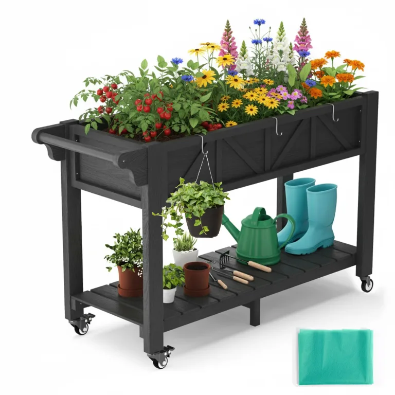 Hochbeet 120x44x70cm, Metall Hochbeet mit Rollen & Griff, 3 Haken & Vlieseinlage, Für Gemüse Blumen Kräuter, Garten Balkon Terrasse, Schwarz – Bild 5