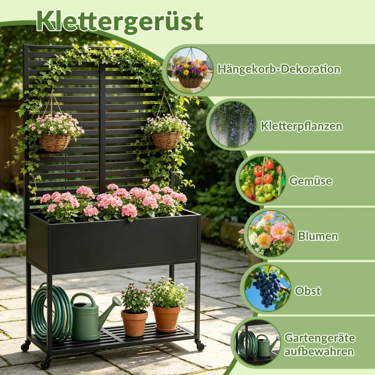 Hochbeete mit Sichtschutz, Metall-Pflanzkasten mit Rankgitter und Ablagefläche, erhöhtes, stehendes Hochbeet mit Abflusslöchern und Rollen für Kletterpflanzen – Bild 7