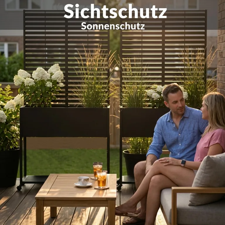 Hochbeete mit Sichtschutz, Metall-Pflanzkasten mit Rankgitter und Ablagefläche, erhöhtes, stehendes Hochbeet mit Abflusslöchern und Rollen für Kletterpflanzen – Bild 8