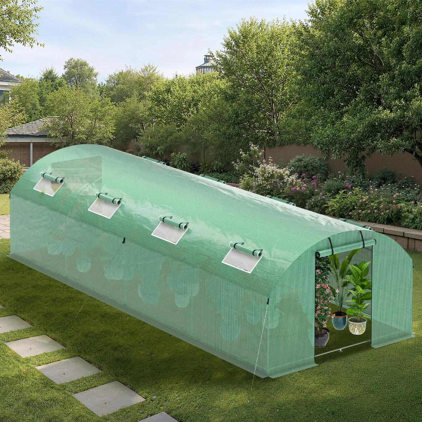 300x800x200 cm Foliengewächshaus Winterfest mit extra stabilem Stahlrahmen, 16 Fenster & 4 Reißverschlusstüren, 2 x 140g/m² PE UV50+, Tomaten Gewächshaus inkl. 54 Erdanker Set - Bild 1