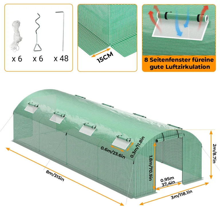 300x800x200 cm Foliengewächshaus Winterfest mit extra stabilem Stahlrahmen, 16 Fenster & 4 Reißverschlusstüren, 2 x 140g/m² PE UV50+, Tomaten Gewächshaus inkl. 54 Erdanker Set – Bild 2