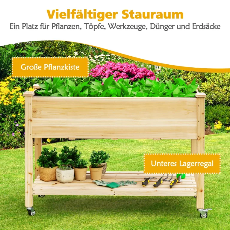COSTWAY Hochbeet mit Rollen & Ablage, Erhöhtes Gartenbeet aus Holz, Pflanzkasten mit Abflusslöcher & Abdeckfolie, Tannenholz, Kräuterbeet für Balkon Garten Terrasse, 120 x 59 x 84 cm, Natur – Bild 4