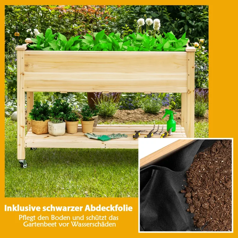 COSTWAY Hochbeet mit Rollen & Ablage, Erhöhtes Gartenbeet aus Holz, Pflanzkasten mit Abflusslöcher & Abdeckfolie, Tannenholz, Kräuterbeet für Balkon Garten Terrasse, 120 x 59 x 84 cm, Natur – Bild 5