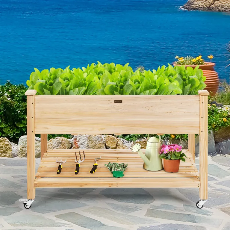 COSTWAY Hochbeet mit Rollen & Ablage, Erhöhtes Gartenbeet aus Holz, Pflanzkasten mit Abflusslöcher & Abdeckfolie, Tannenholz, Kräuterbeet für Balkon Garten Terrasse, 120 x 59 x 84 cm, Natur – Bild 9