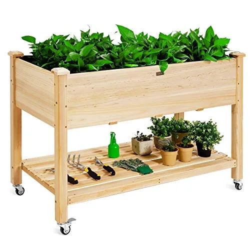 COSTWAY Hochbeet mit Rollen & Ablage, Erhöhtes Gartenbeet aus Holz, Pflanzkasten mit Abflusslöcher & Abdeckfolie, Tannenholz, Kräuterbeet für Balkon Garten Terrasse, 120 x 59 x 84 cm, Natur – Bild 10