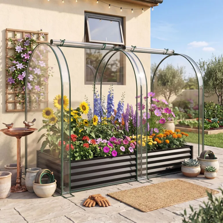 HOMASIS 3 in 1 Gewächshaus mit Hochbeet, Foliengewächshaus mit PVC-Abdeckung, Frühbeet aus Metall, Tomatenhaus Treibhaus mit 2 Fenstern, Blumenkasten für Garten Balkon (Schwarz, 198x100x145cm) – Bild 9