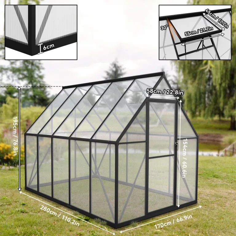 Gewächshaus Aluminium, 280 x 180 x 195 cm, Garten Gewächshaus mit 6 cm Fundament, winterfestes Treibhaus für Pflanzen, Tomatenhaus & Frühbeet – Bild 2