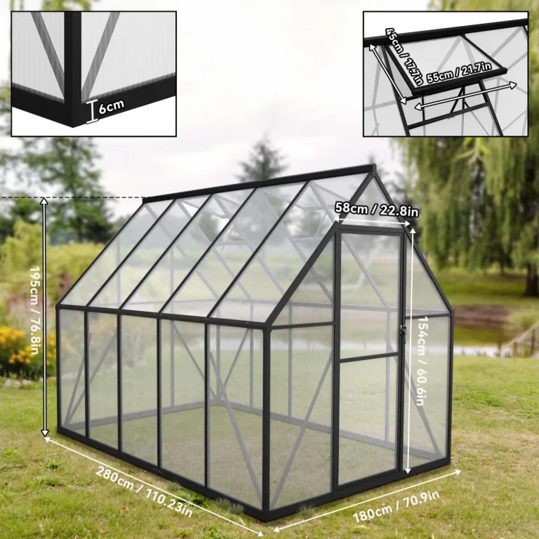 Gewächshaus Aluminium, 280 x 180 x 195 cm, Garten Gewächshaus mit 6 cm Fundament, winterfestes Treibhaus für Pflanzen, Tomatenhaus & Frühbeet – Bild 6