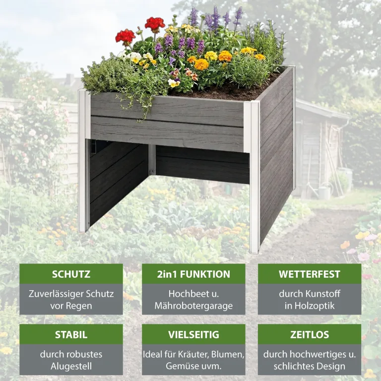 TRUTZHOLM Hochbeet mit Mährobotergarage 2in1 Holzoptik 73x79x56 cm Rasenroboter Garage Pflanzkasten anthrazit – Bild 7