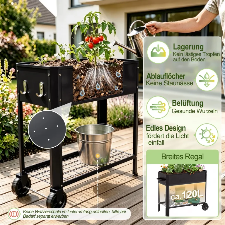 LZQ Hochbeet Metall mit Rädern & Griff, Pflanzkasten mit Ablage Gartenbeet Blumenkasten erhöht Kräuterbeet Gemüsebeet Pflanzbeet für Balkon Terrasse, verzinkt Hochbeet auf Beinen 80x35x80cm Schwarz – Bild 6