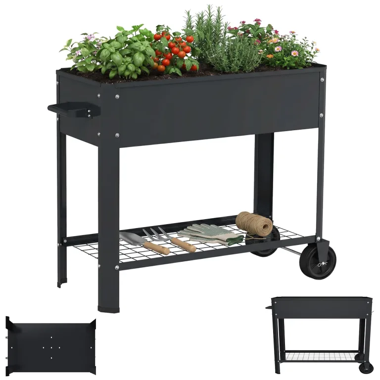 LZQ Hochbeet Metall mit Rädern & Griff, Pflanzkasten mit Ablage Gartenbeet Blumenkasten erhöht Kräuterbeet Gemüsebeet Pflanzbeet für Balkon Terrasse, verzinkt Hochbeet auf Beinen 80x35x80cm Schwarz – Bild 1