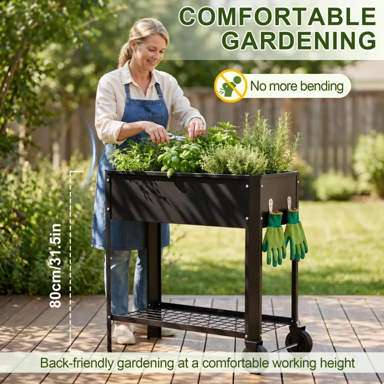 UISEBRT Mobiles Hochbeet mit Rollen und Ablage,56L Blumenbeet aus Metall,Rostfrei & Wetterfest, 80x35x80cm Erhöhtes Frühbeet Kräuterbeet für Garten Balkon Terrasse,Schwarz – Bild 3