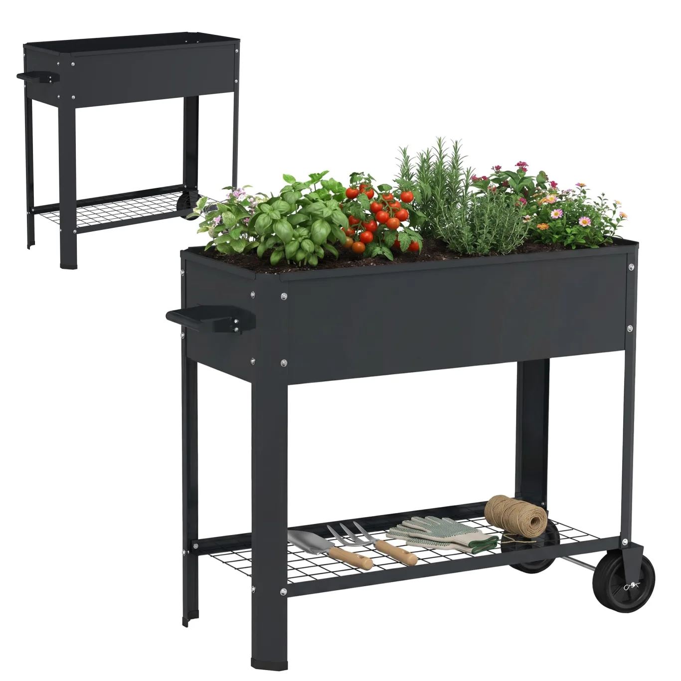 Hochbeet mit Rädern & Ablage, Metall Pflanzkasten Blumenbett, verzinkt Blumenkaste, mobiles Gartenbeet mit Griff, Frühbeet für Balkon Terrasse, ideal für Gemüse Kräuter Blumen, Schwarz - Bild 1