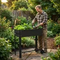 Hochbeet mit Rädern & Ablage, Metall Pflanzkasten Blumenbett, verzinkt Blumenkaste, mobiles Gartenbeet mit Griff, Frühbeet für Balkon Terrasse, ideal für Gemüse Kräuter Blumen, Schwarz - Thumbnail 9