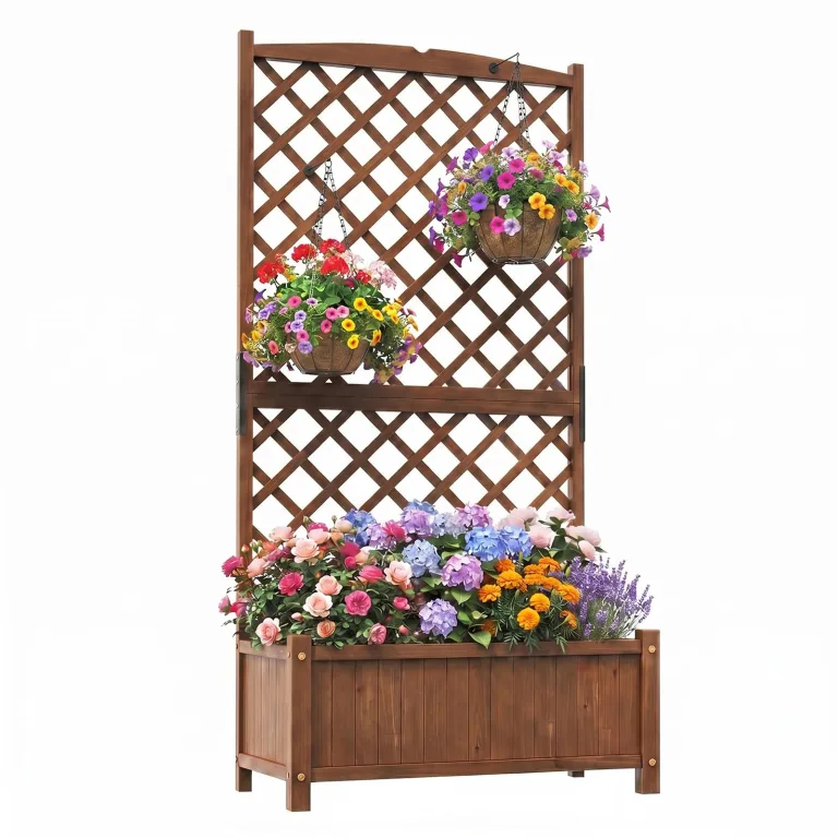 COSTWAY Blumenkasten mit Rankgitter, Pflanzkasten Tannenholz, Pflanzkübel mit Sichtschutz, Hochbeet mit Spalier, Drainagelöchern, Rankhilfe für Kletterpflanzen Garten Terrasse, 90x45x180,5cm (Braun) – Bild 1