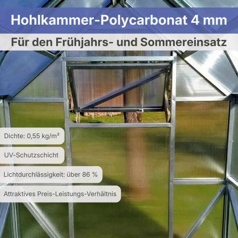 Stahl Gewächshaus Comfort 200x400x220cm mit Fundament | UV-beständige 4 mm Hohlkammerplatten | Automatischer Fensteröffner inkl. | Winterfestes Tomatenhaus & Treibhaus für Garten – Bild 6