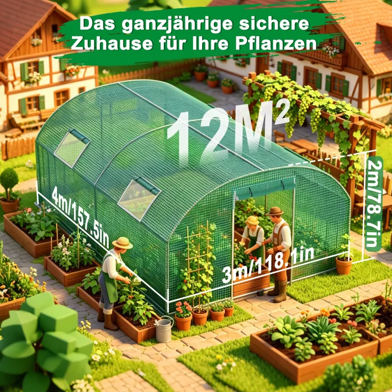 XMTECH Gewächshaus 3x4m 12m², Foliengewächshaus mit 4 Fenstern & Tür, Tomaten Gewächshaus, reißfeste UV-Folie, verzinkter Stahlrahmen, Insektenschutz, wetterfest & frostgeschützt für Gartenpflanzen – Bild 2