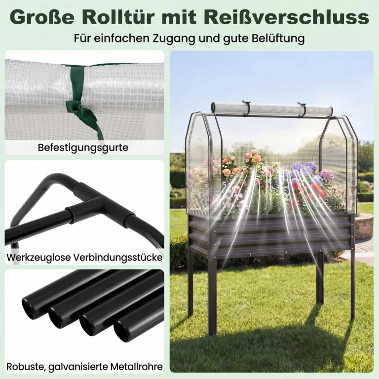 COSTWAY 3 in 1 Hochbeet mit PE-Abdeckung, erhöhtes Gartenbeet aus verzinktem Metall, Gewächshaus mit rollbarer Tür, Pflanzbeet Kräuterbeet für Garten Balkon Terrasse, 112 x 55 x 152 cm (Grau) – Bild 7