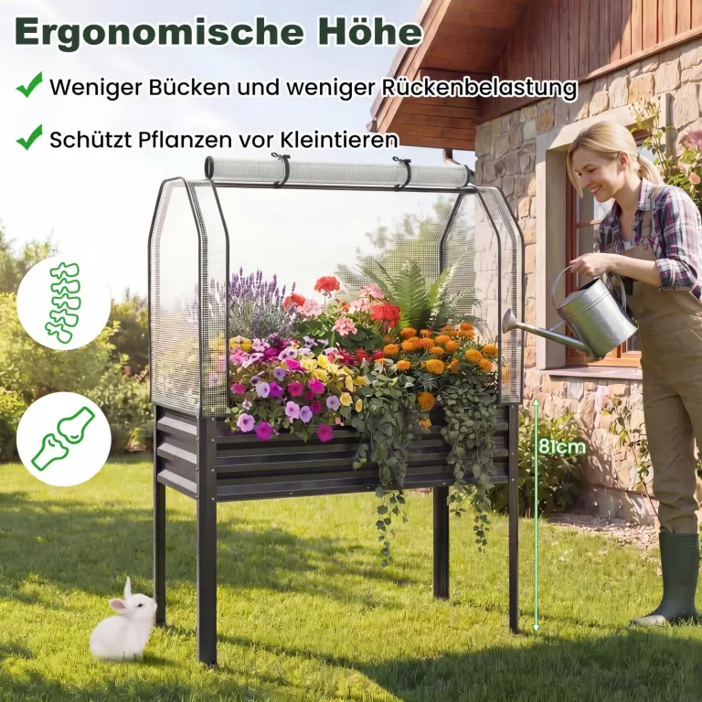 COSTWAY 3 in 1 Hochbeet mit PE-Abdeckung, erhöhtes Gartenbeet aus verzinktem Metall, Gewächshaus mit rollbarer Tür, Pflanzbeet Kräuterbeet für Garten Balkon Terrasse, 112 x 55 x 152 cm (Grau) – Bild 8