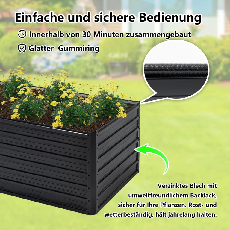 Hochbeet Metall 190x90x64 cm, Hochbeete aus Verzinktes Stahl, Wetterfest, Rostgeschützt, Sicherheitskante, Offener Boden, Pflanzkasten für Garten, Blumen, Gemüse & Kräuter, Anthrazit – Bild 7