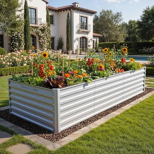 DWVO Hochbeete für den Garten,1550L Hochbeet aus Metall,Verzinkter Stahl 0.35 mm mit Sicherheitsrand und 4 Stützstangen für Gartenobst und gemüse(Silber,240 x 120 x 54 cm) – Bild 8