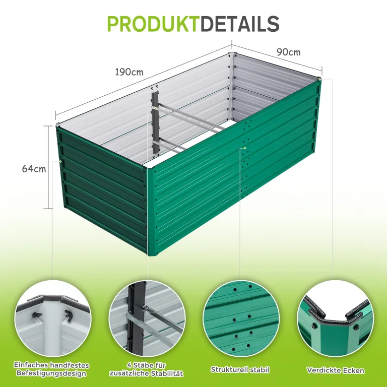 Hochbeet Metall 2er-Set 190x90x64 cm, Hochbeete aus Verzinktes Stahl, Wetterfest, Rostgeschützt, Sicherheitskante, Offener Boden, Pflanzkasten für Garten, Blumen, Gemüse & Kräuter, Grün – Bild 9